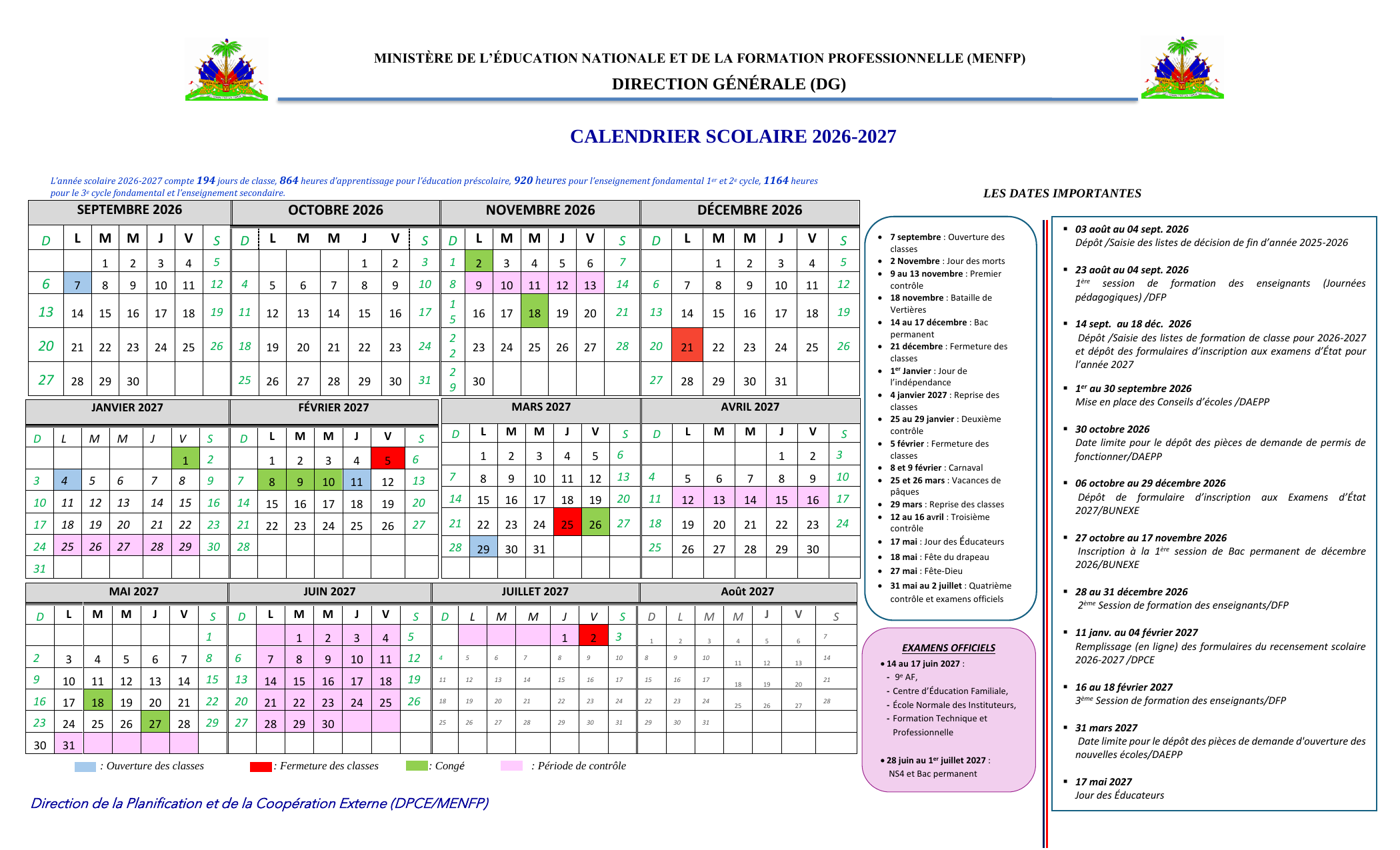 Calendrier scolaire 2026-2027